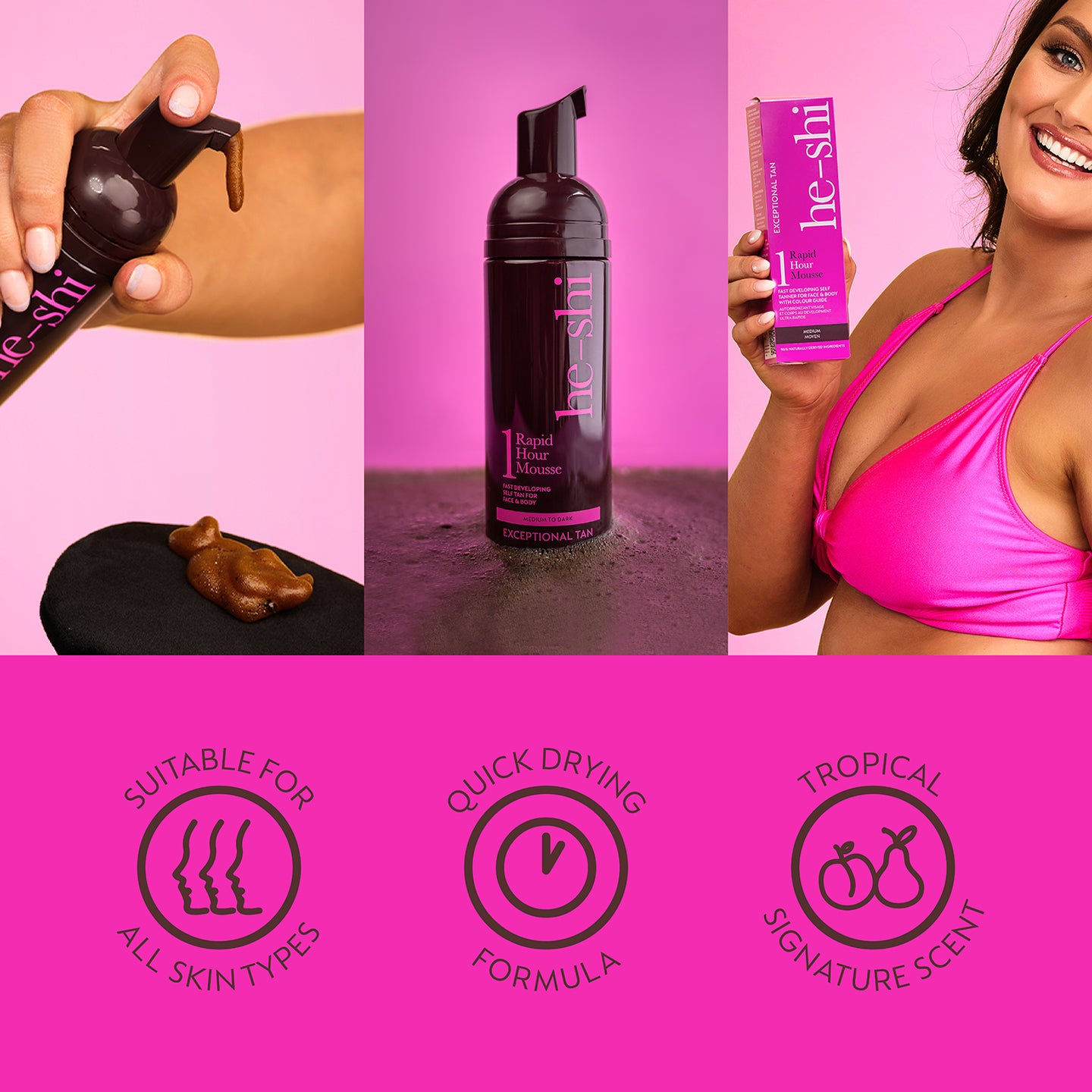 Collage of images of He-Shi Rapid Mousse Tan bottle and applied on skin. Image also features the following key product features: 'suitable for all skin types', 'streak free formula' and 'tropical signature scent'